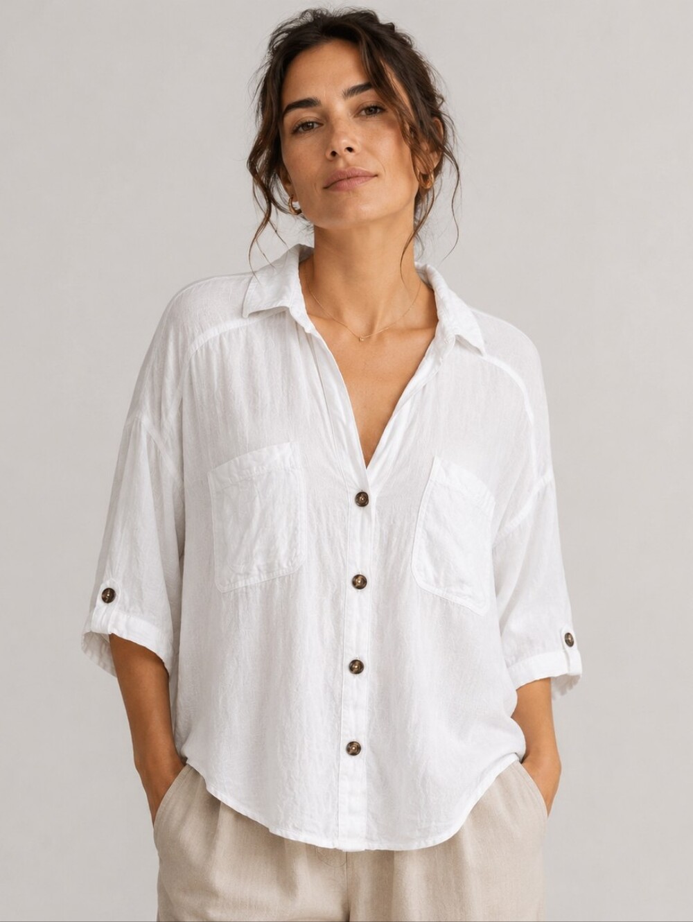 Zara White Linen Button-Up Shirt Blouse Size L Relaxed Fit
